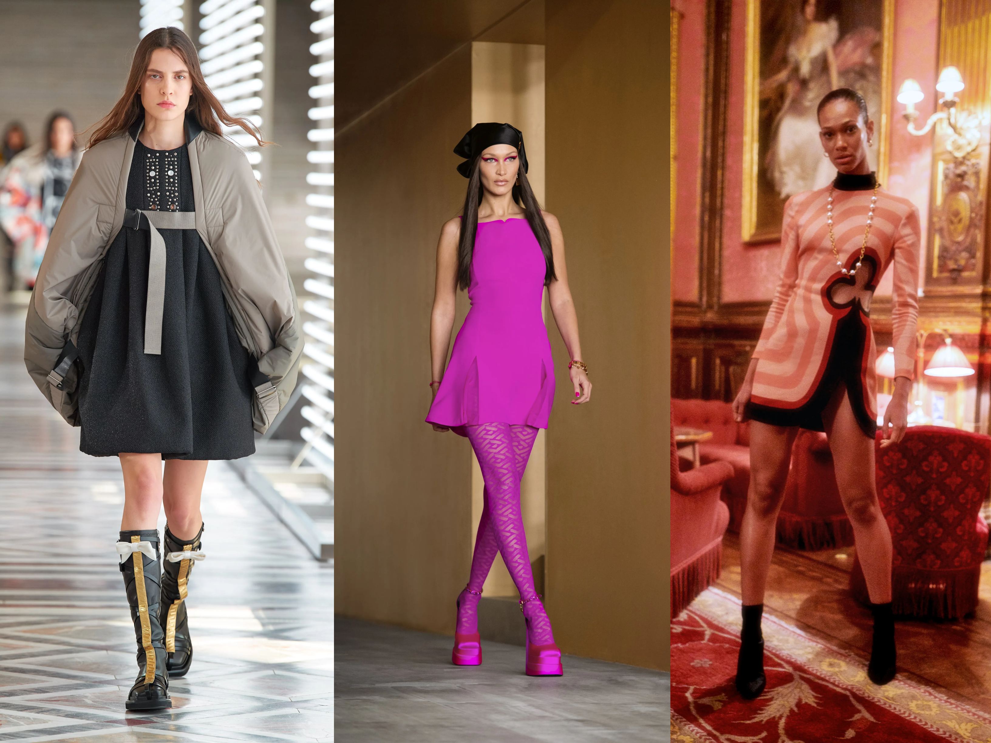 Models wearing AW21 trends Mini skirts and dresses