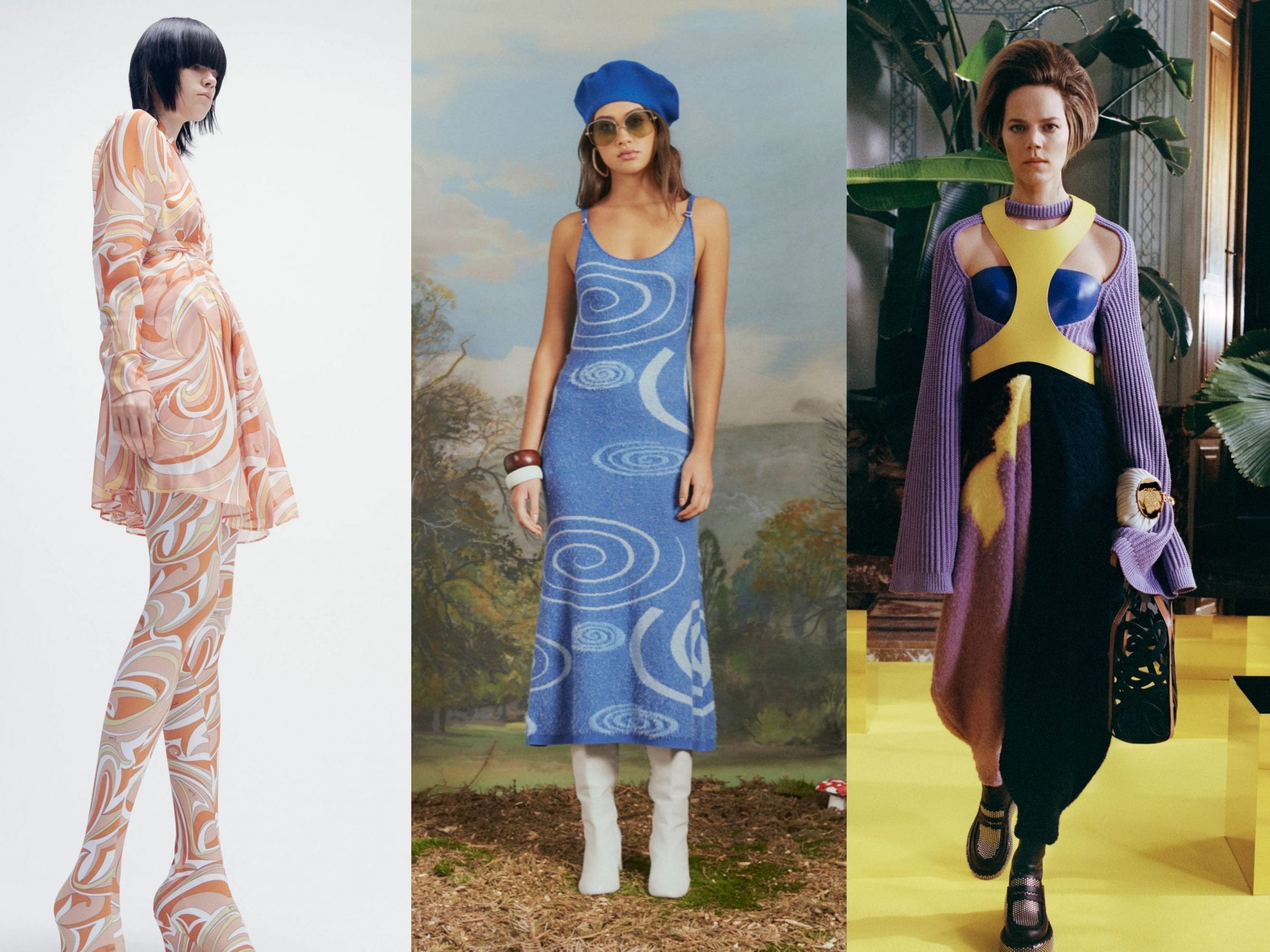 Models wearing AW21 trends abstract prints and sculpture