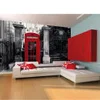Red British Telephone Box on a Black and White Backdrop Wall Mural - Image 1