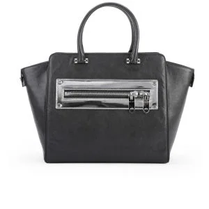 MILLY Riley Hologram Zip Detail Leather Tote Bag - Black Image 1