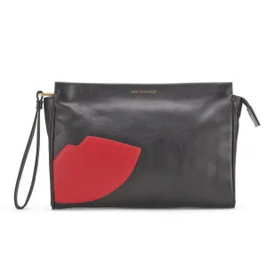 Lulu Guinness Large Abstract Lips Katie Wristlet Leather Clutch Bag - Black