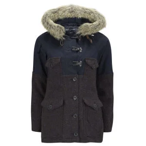Nigel Cabourn Women's Fitted Cameraman Tweed and Coyote Fur Hooded Coat - Navy Image 1