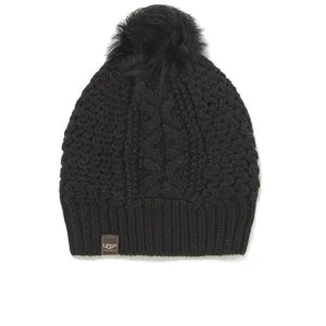 UGG Cable Knit Nyla Beanie with Fur Pom - Black/Multi