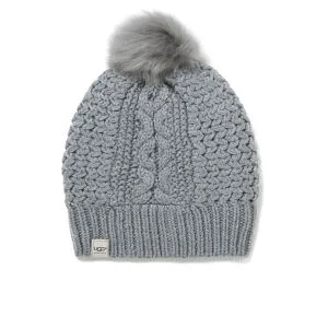 UGG Cable Knit Nyla Beanie with Fur Pom - Grey Image 1