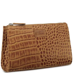 OSPREY LONDON The Large Belle Polished Croc Leather Make Up Bag - Tan Image 1