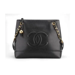 Chanel Vintage Black Caviar Leather Shoulder Tote Bag - Black