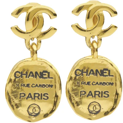 Susan Caplan Vintage Chanel Gilt Metal 'Chanel' Tag Drop Earrings