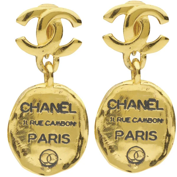 Susan Caplan Vintage Chanel Gilt Metal 'Chanel' Tag Drop Earrings Image 1