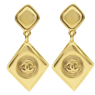 Susan Caplan Vintage Chanel Gilt Metal Diamond Drop 'CC' Logo Earrings