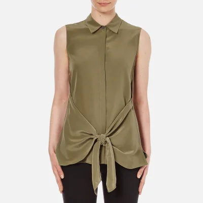 Theory Women's Zallane Summer Silk Sleeveless Shirt with Tie Front - Moss