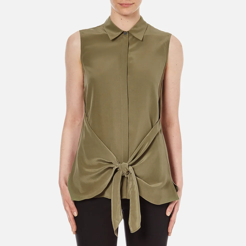 Theory Women's Zallane Summer Silk Sleeveless Shirt with Tie Front - Moss Image 1