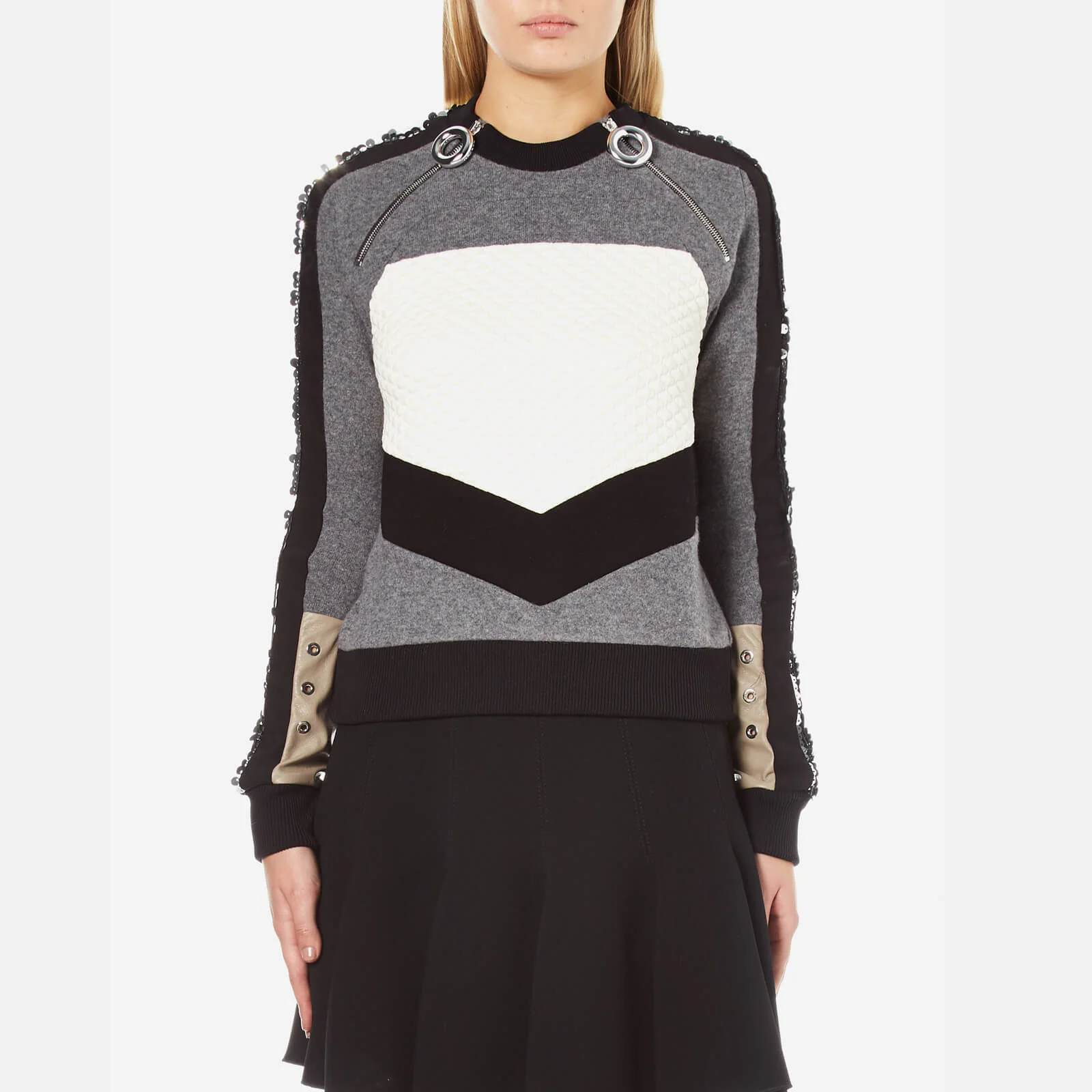 Carven Women's Zip Pull Neck Sweatshirt with Sequin Sleeves - Grey/Black/White Image 1