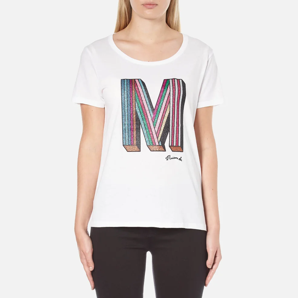 Maison Scotch Women's Crew Neck Clubhouse T-Shirt with M Embellishment - White Image 1