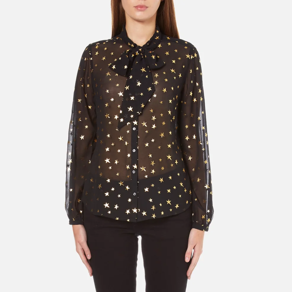 Maison Scotch Women's Sheer Printed Top with Neck Tie - Black Image 1