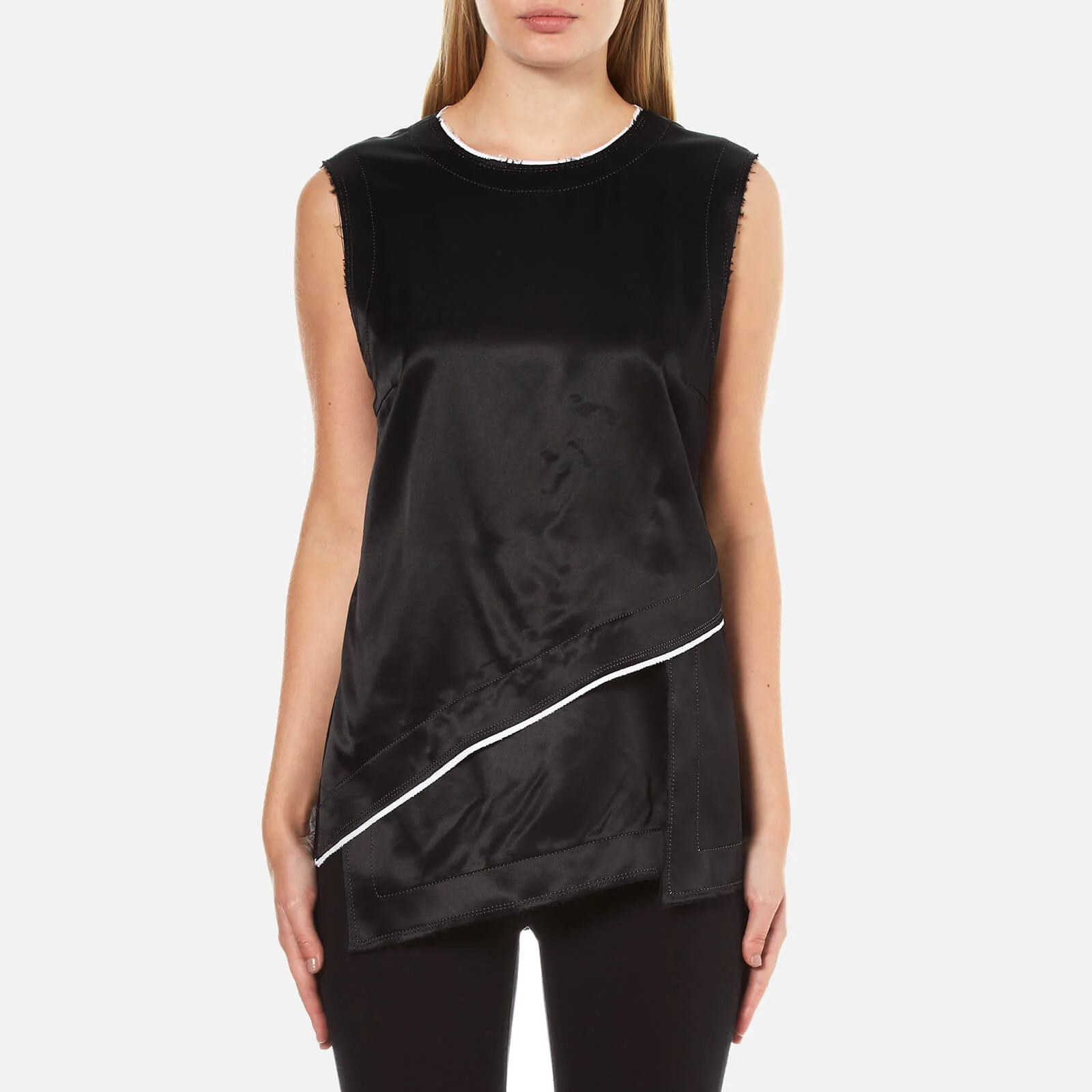 DKNY Women's Sleeveless Layered Shirt with Asymmetrical Hem and Raw Edge Detail - Black/Chalk Image 1