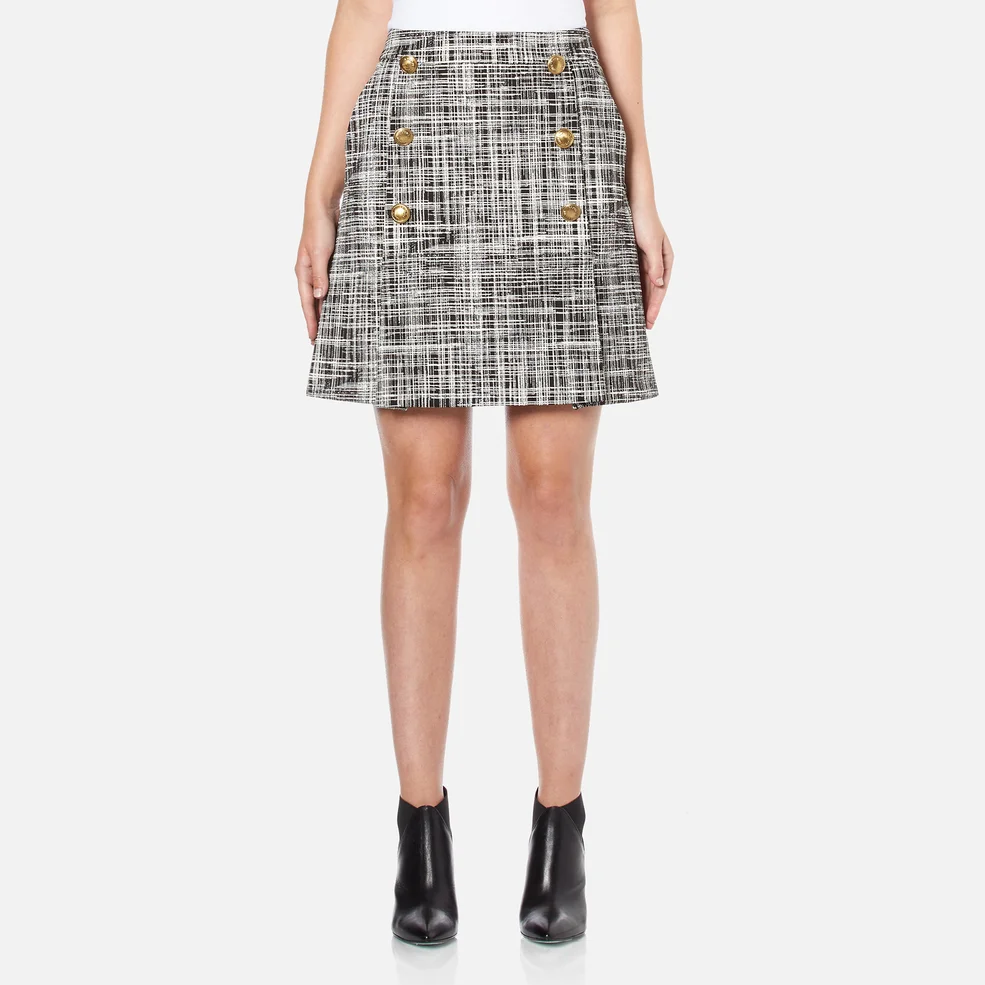 Boutique Moschino Women's Tweed Print Short Pleat Skirt with Buttons - Black Image 1