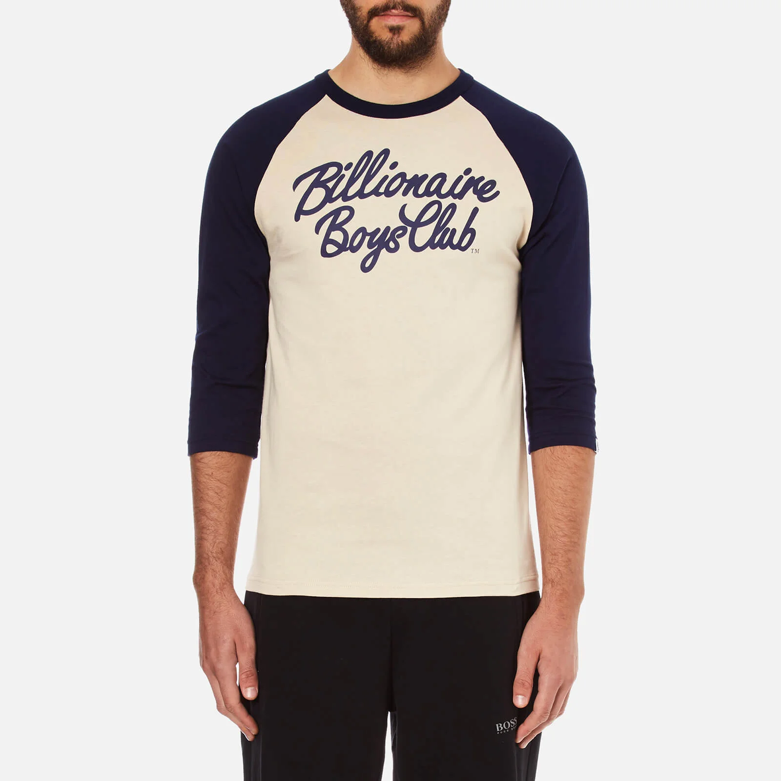 Billionaire Boys Club Men's Script Logo Raglan T-Shirt - Beige/Navy Image 1