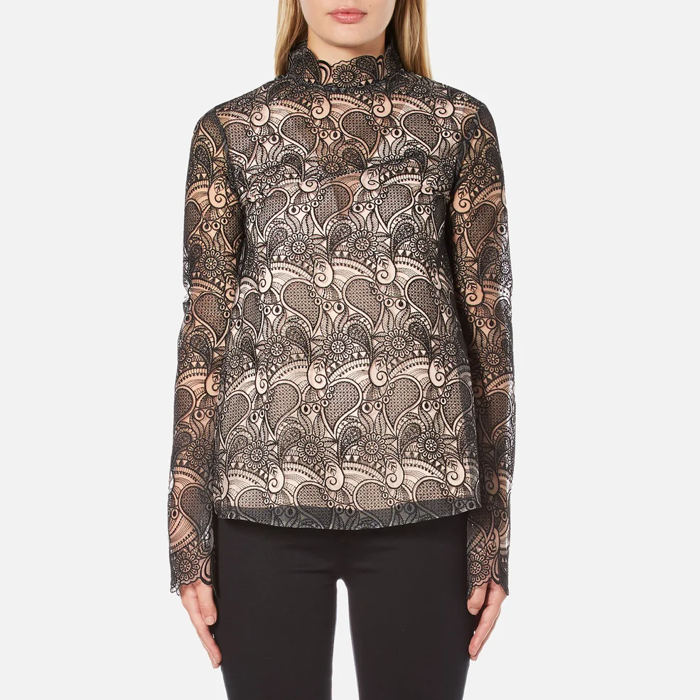 Perseverance Women's Embroidered Paisley Top Bell Sleeves and High Neck Collar - Black/Nude Image 1