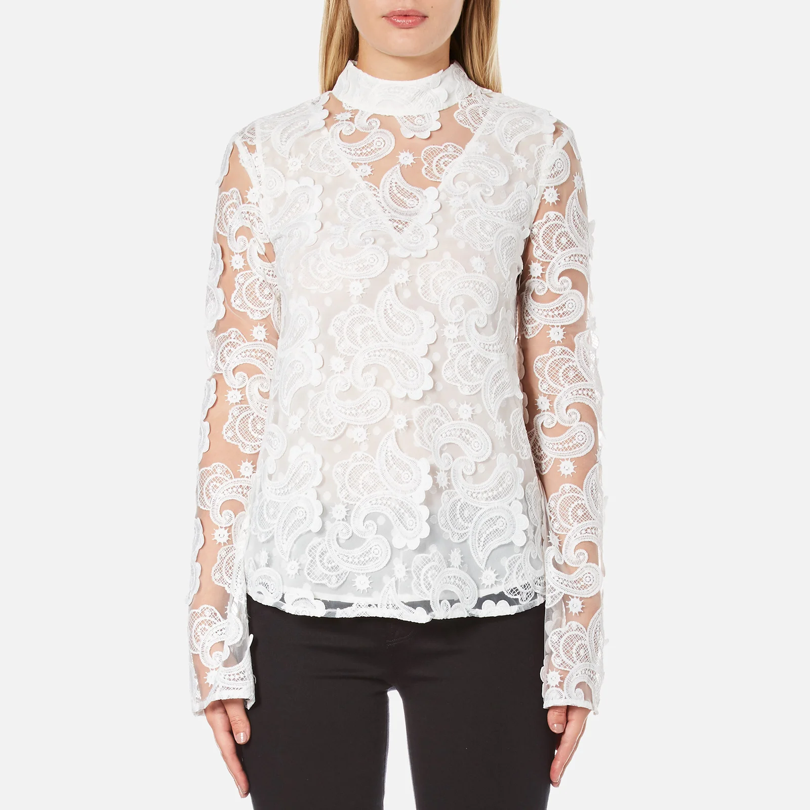 Perseverance Women's 3D Embroidered Paisley Top Bell Sleeves and High Collar - White Image 1