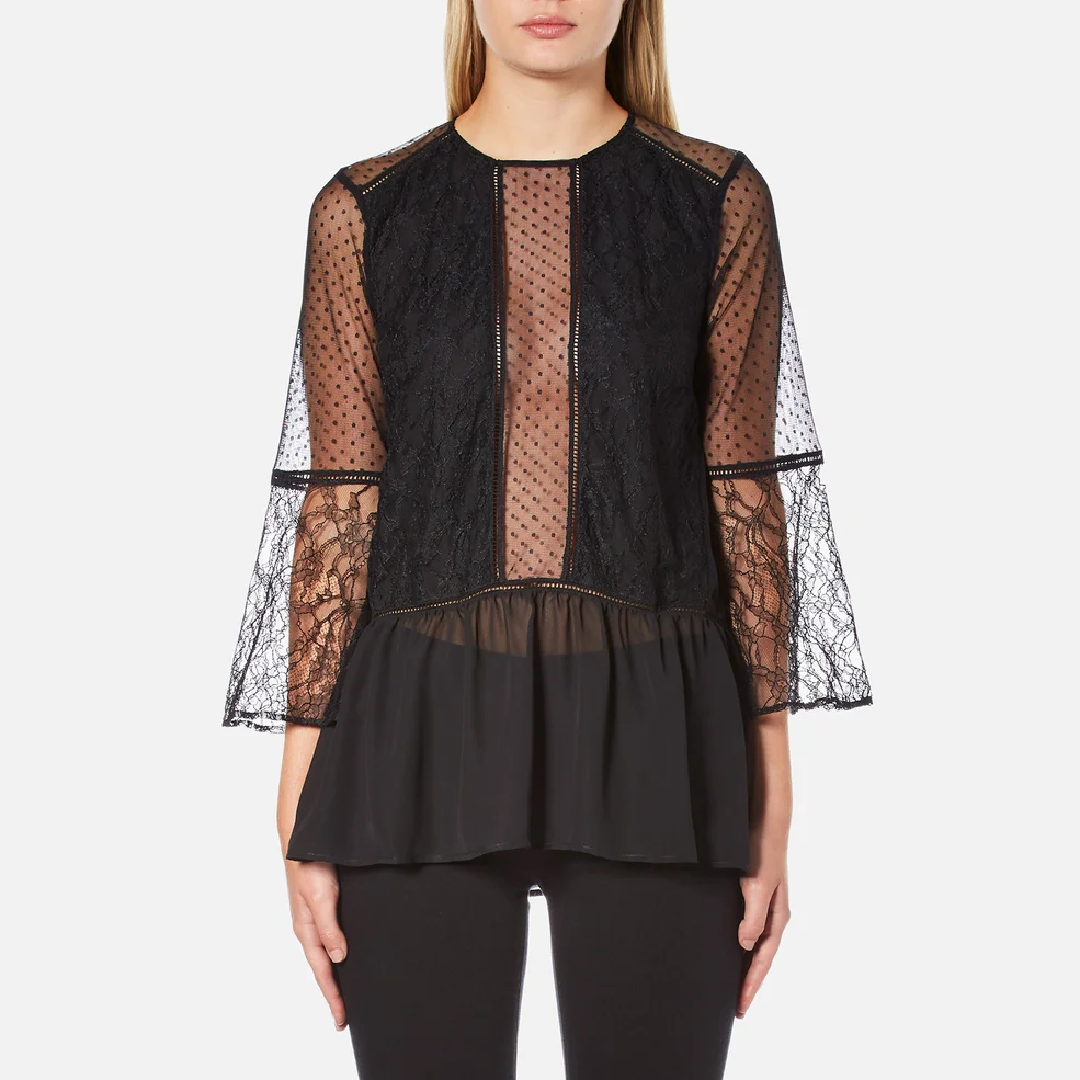 Perseverance Women's Lace Top with Crop Flare Sleeve and Dobby Mesh Inserts - Black Image 1