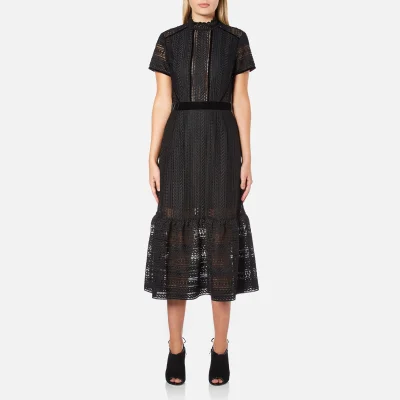 Perseverance Women's Cable Lace Midi Dress with High Neck and Ribbon Details - Black