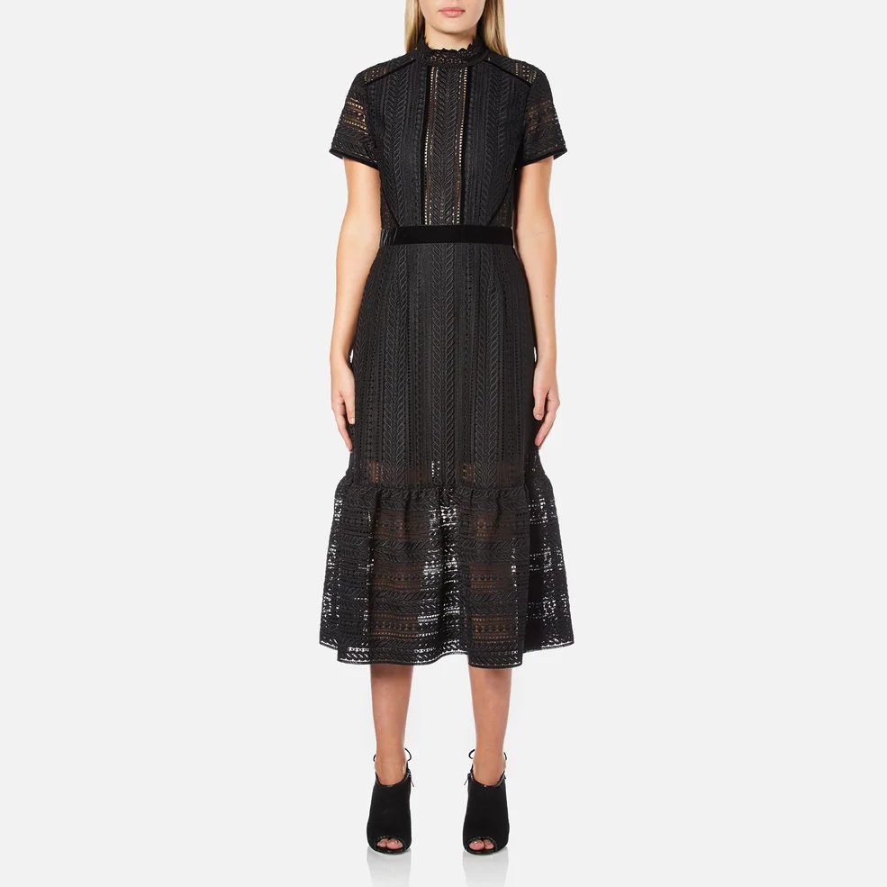 Perseverance Women's Cable Lace Midi Dress with High Neck and Ribbon Details - Black Image 1