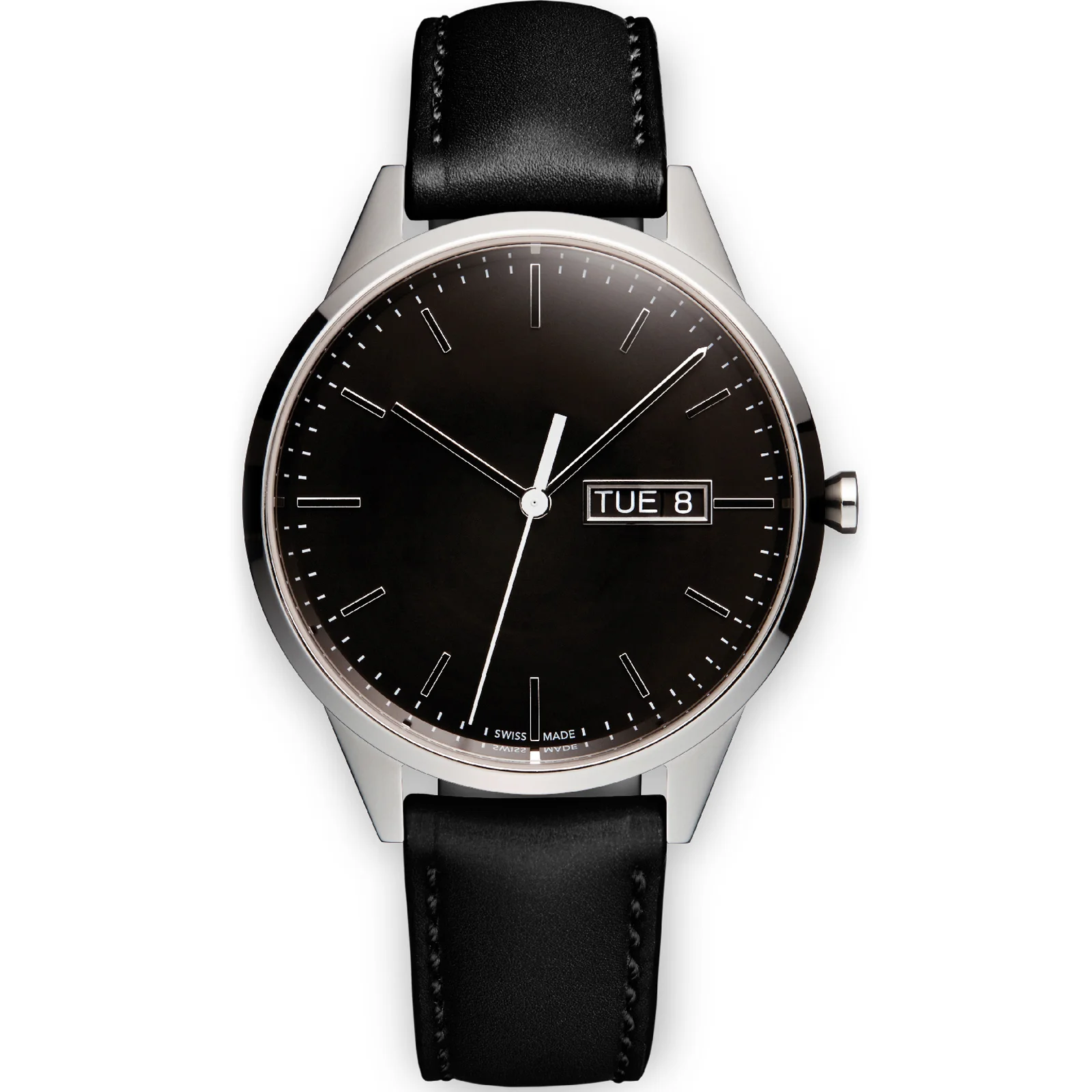 Uniform Wares Men's C40 Polished Steel Italian Nappa Leather Wristwatch - Black Image 1