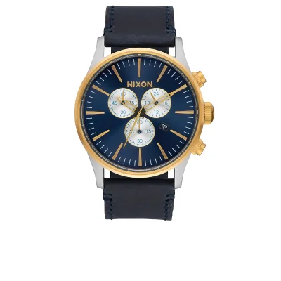Nixon The Sentry Chrono Leather Watch - Gold/Blue Sunray