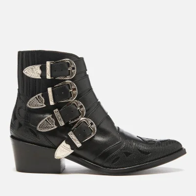 Toga Pulla Women's Buckle Side Mix Leather Heeled Ankle Boots - Black