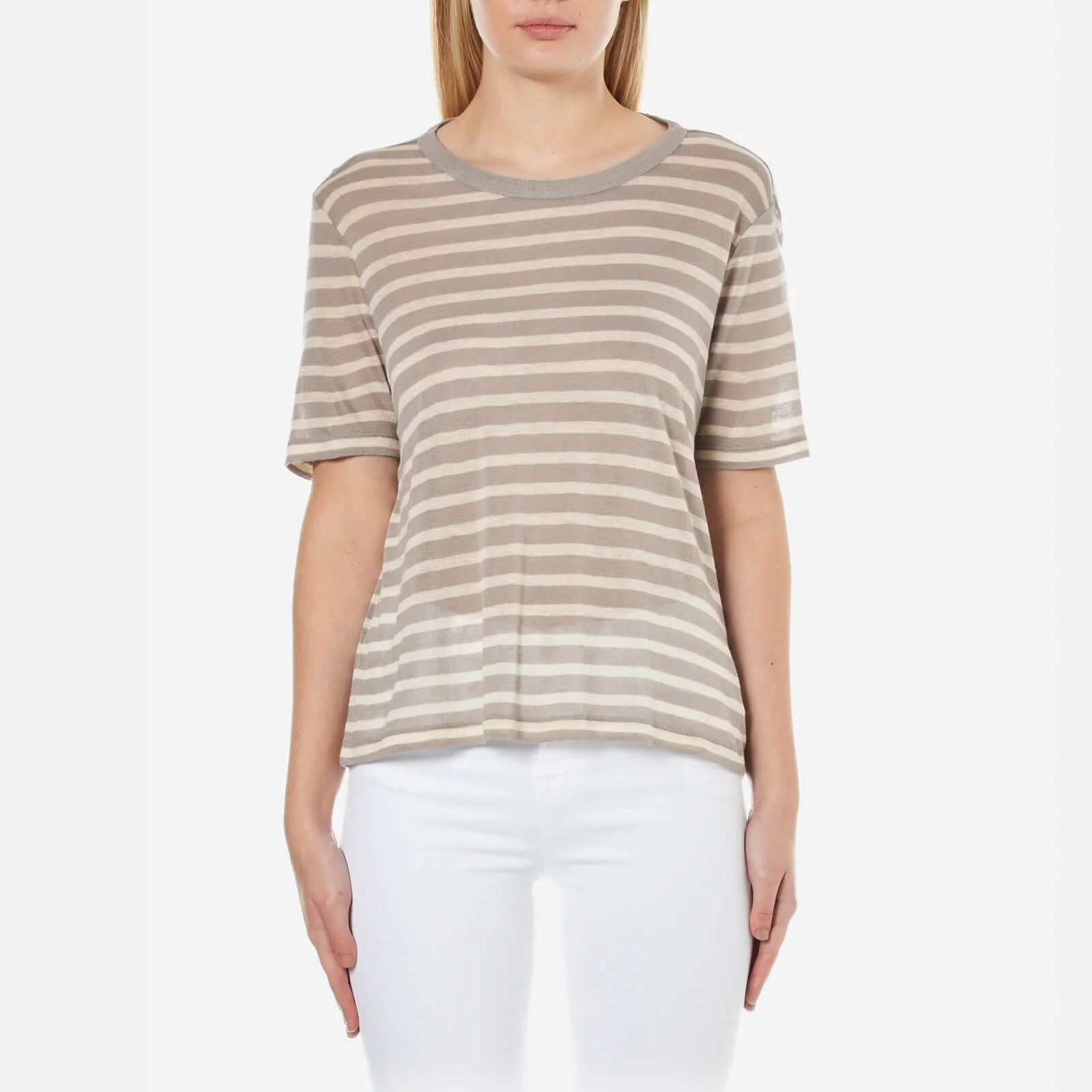 T by Alexander Wang Women's Rayon Linen Stripe Short Sleeve Cropped T-Shirt - Butter/Taupe Image 1