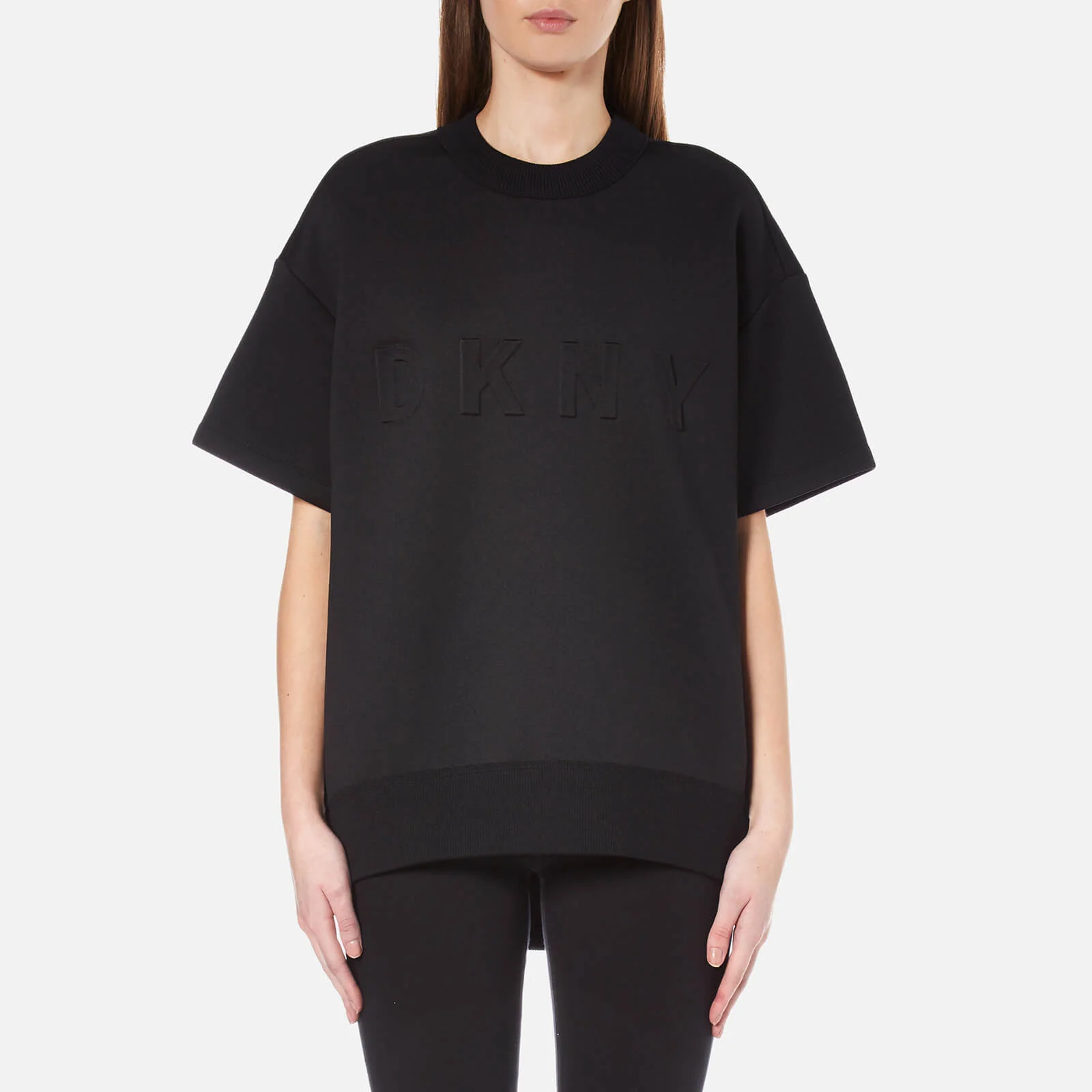 DKNY Women's Short Sleeve Pullover with Front Logo and Rib Trims - Black Image 1