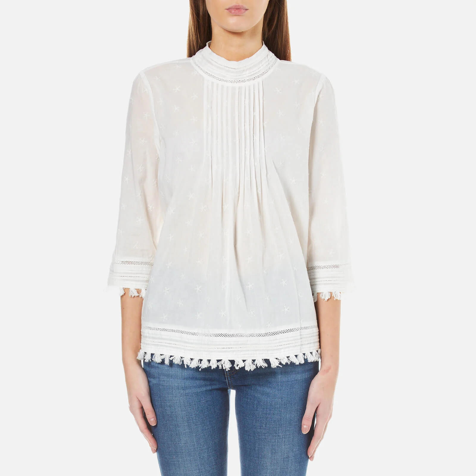 Maison Scotch Women's 3/4 Sleeve Woven Top with Embroidered Star Allover - White Image 1