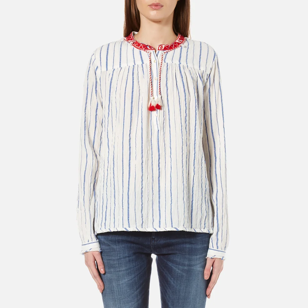Maison Scotch Women's Drapey Woven Stripe Top with Embroidered Collar - Multi Image 1