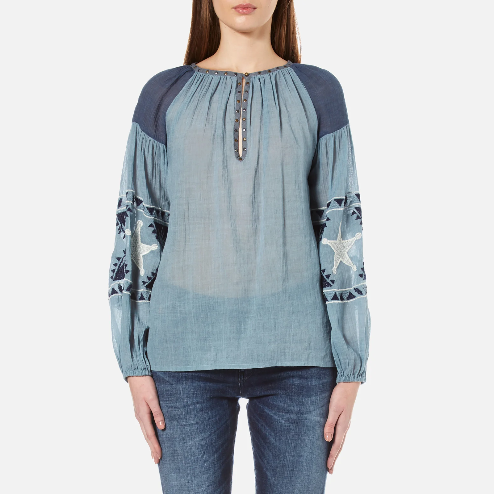 Maison Scotch Women's Sheer Cotton Tunic Top with Special Embroideries - Blue Image 1