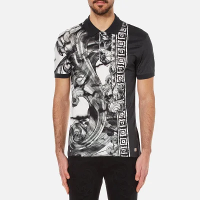 Versace Collection Men's Greek Patterned Polo Shirt with Contrast Collar - Black