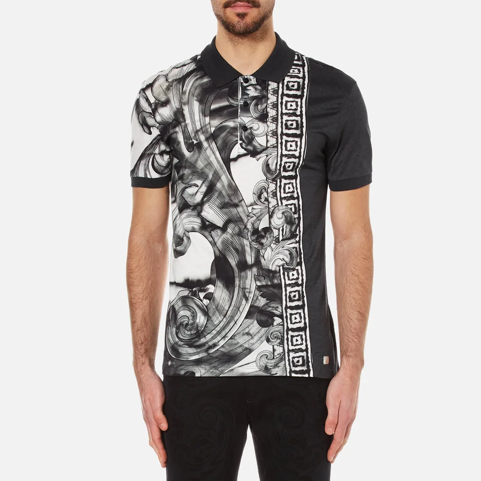 Versace Collection Men's Greek Patterned Polo Shirt with Contrast Collar - Black Image 1