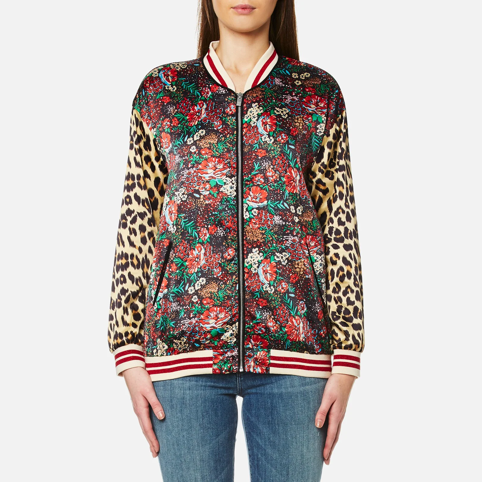 Maison Scotch Women's Silky Feel Print Mixed Bomber Jacket with Lurex Ribs - Multi Image 1