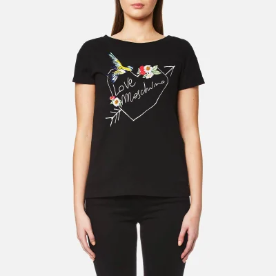 Love Moschino Women's Logo Love Heart Arrow T-Shirt with Birds and Flowers - Black