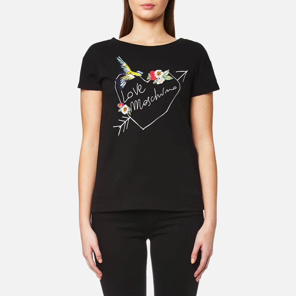 Love Moschino Women's Logo Love Heart Arrow T-Shirt with Birds and Flowers - Black Image 1