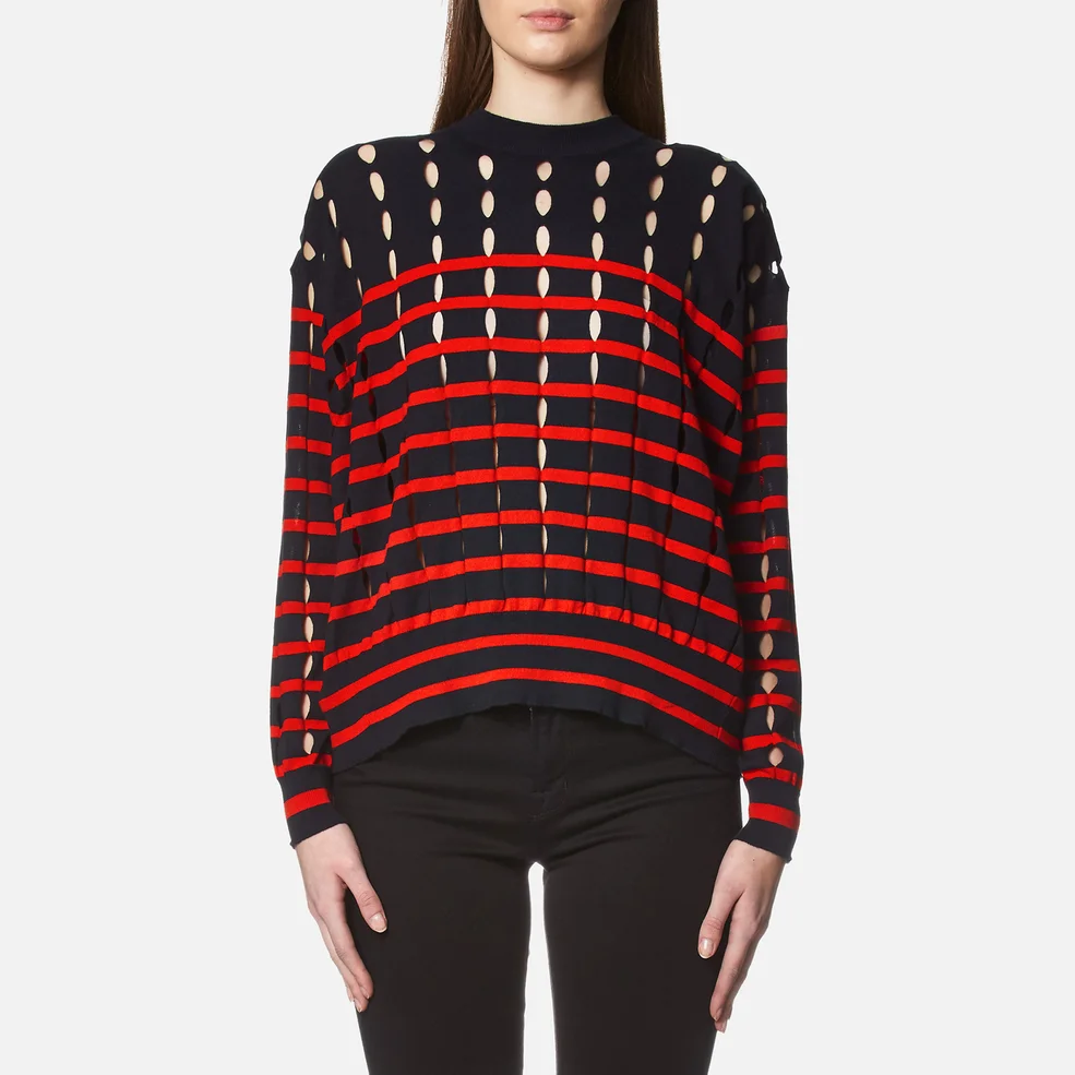 T by Alexander Wang Women's Stripe Cotton Crew Neck Pullover with Slits - Navy/Lipstick Image 1
