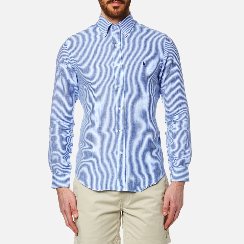 Polo Ralph Lauren Men's Stripe Slim Fit Long Sleeve Linen Shirt - Blue Image 1