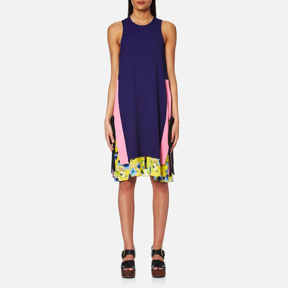 MSGM Women's Block Colour Floral Layer Midi Dress with Side Ties - Navy Image 1