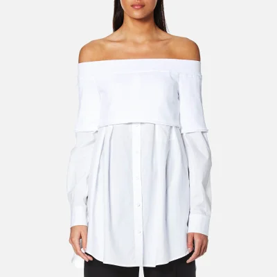 DKNY Women's Extra Long Sleeve Off the Shoulder Button Down Shirt with Knitted Top - White