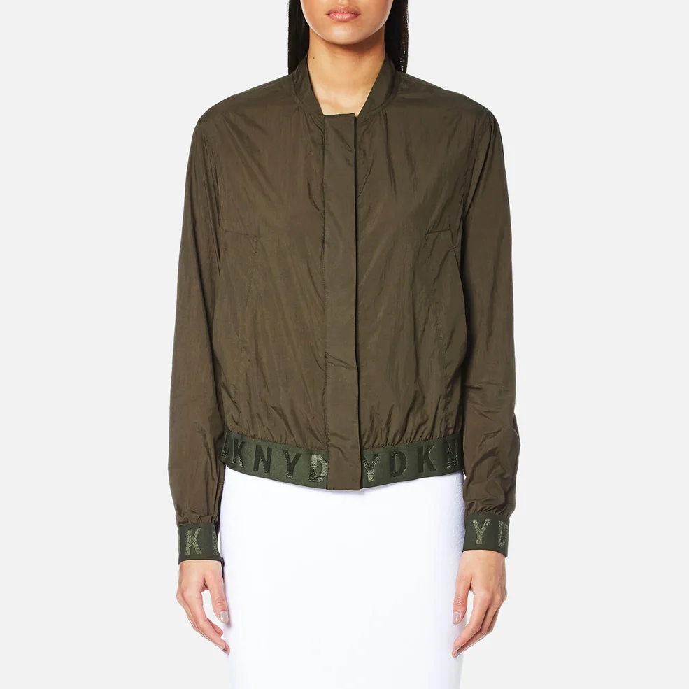 DKNY Women's Long Sleeve Bomber Jacket with Elastic Logo Trims - Military Image 1