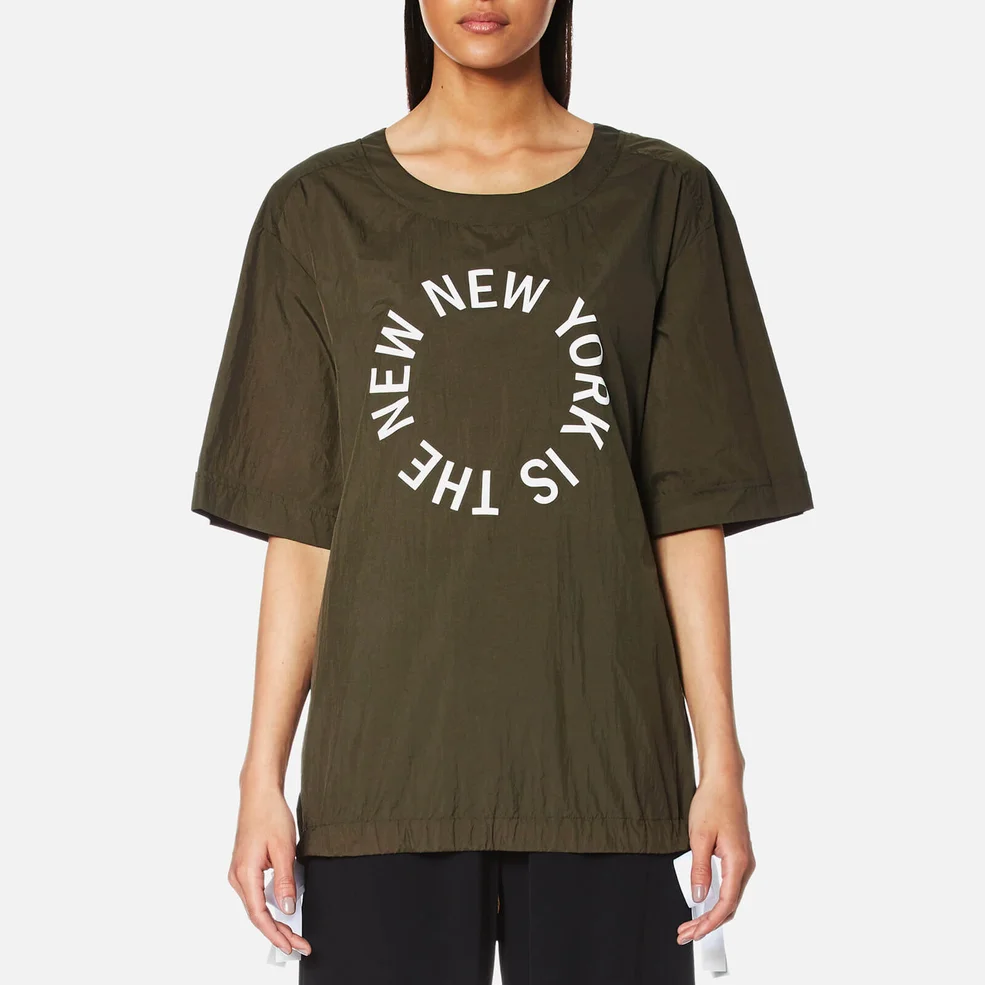 DKNY Women's Short Sleeve Logo Shirt with Side Slits and Drawcords - Military/White Image 1