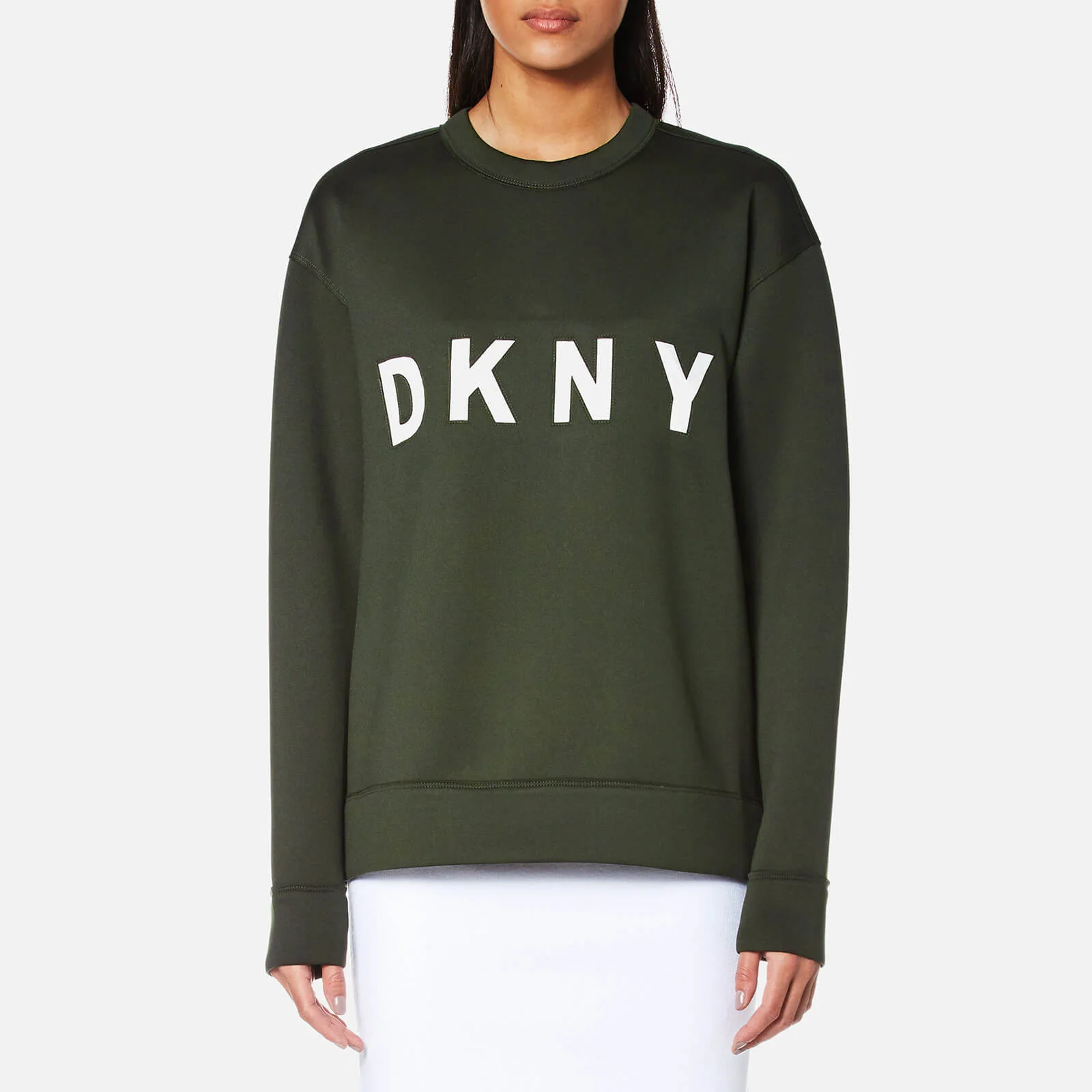 DKNY Women's Extra Long Sleeve Crew Neck Sweatshirt with Logo - Military/White Image 1