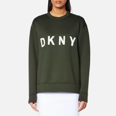 DKNY Women's Extra Long Sleeve Crew Neck Sweatshirt with Logo - Military/White