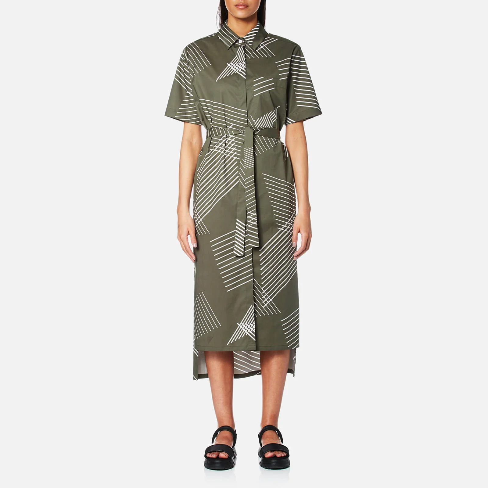 DKNY Women's Short Sleeve Button Through Dress with Self Belt and Step Hem - Military Image 1