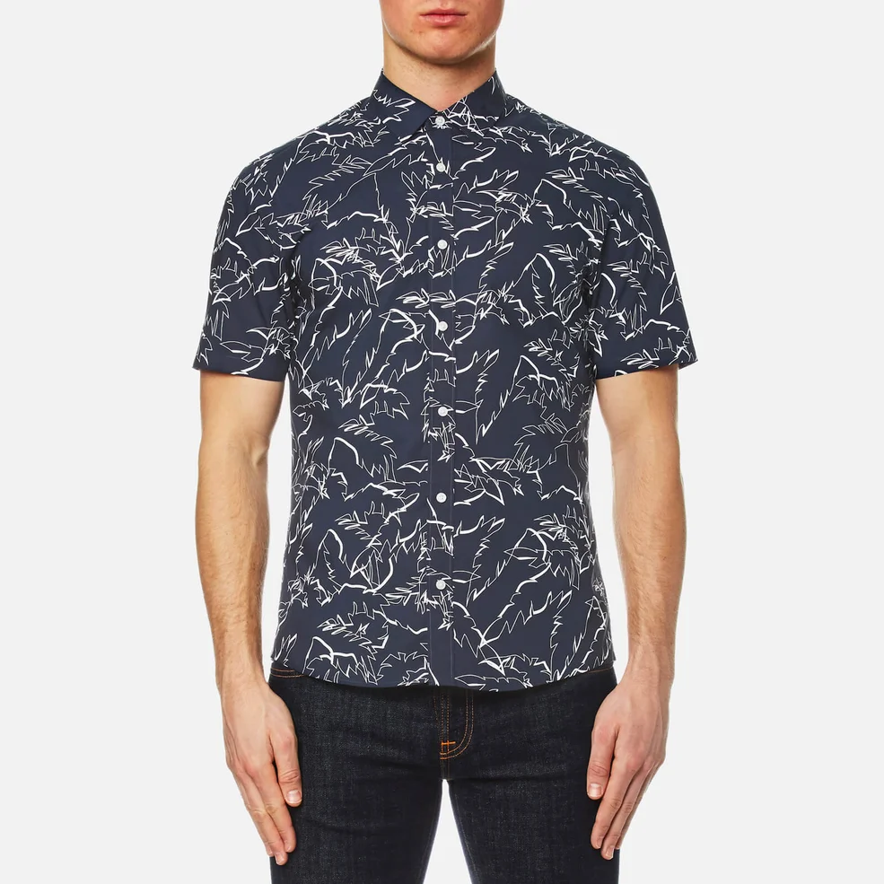 Michael Kors Men's Slim Fit Palm Print Short Sleeve Shirt - Navy Image 1