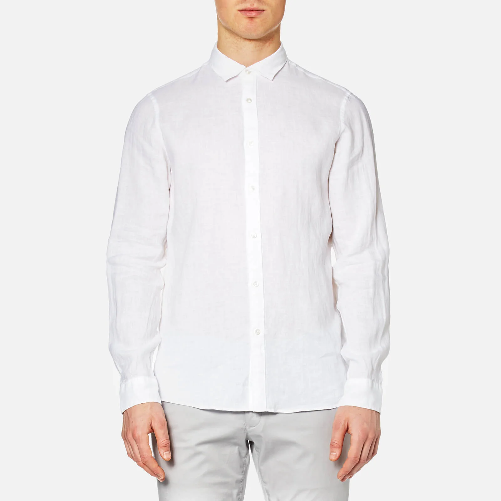 Michael Kors Men's Slim Yarn Dye Linen Solid Long Sleeve Shirt - White Image 1
